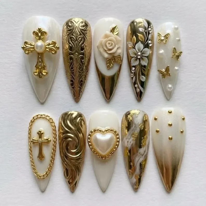 luxury baroque nails, gold goddess nails, press on nails, custom press on nails, fake nails, Nails Art, stained glass nails, gold press on nails, 3d press on nails, luxury press on nails, handmade press on nails
