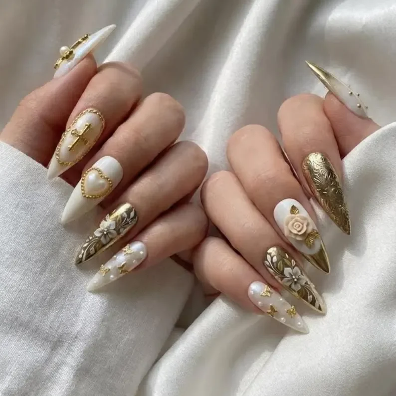 press on nails, 3D wedding nails, custom press on nails, fake nails, Nails Art, stained glass nails, gold press on nails, 3d press on nails, luxury press on nails, handmade press on nails