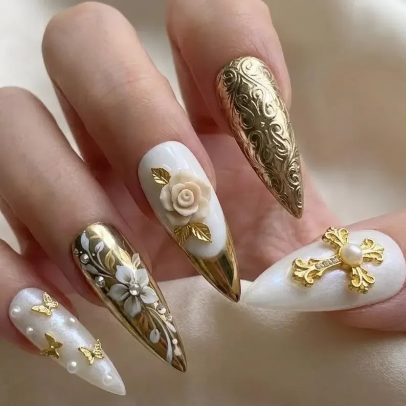 victorian pearl nail art, baroque gold, press on nails, custom press on nails, fake nails, Nails Art, stained glass nails, gold press on nails, 3d press on nails, luxury press on nails, handmade press on nails