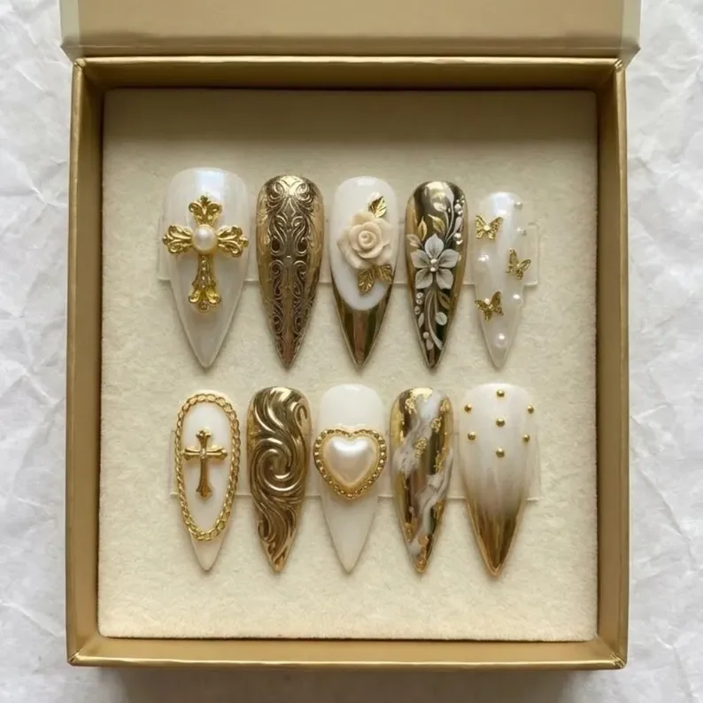 luxury baroque nails, gold goddess nails, press on nails, custom press on nails, fake nails, Nails Art, stained glass nails, gold press on nails, 3d press on nails, luxury press on nails, handmade press on nails