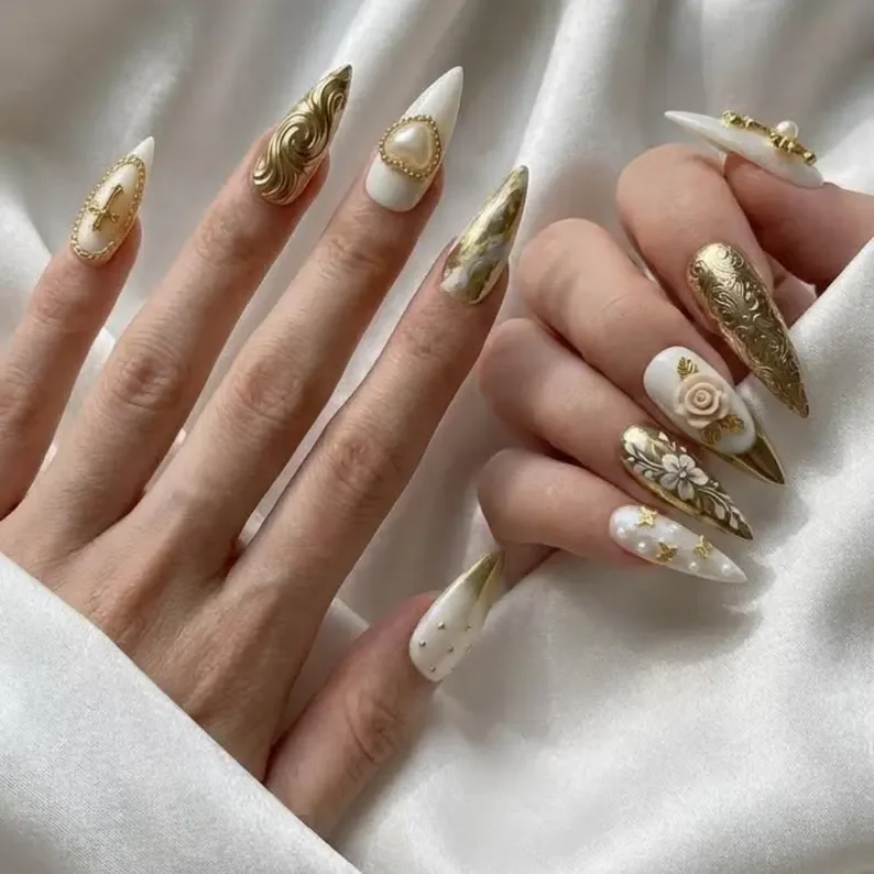 press on nails, 3D wedding nails, custom press on nails, fake nails, Nails Art, stained glass nails, gold press on nails, 3d press on nails, luxury press on nails, handmade press on nails