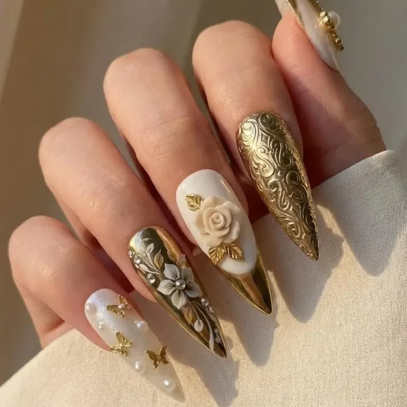 victorian pearl nail art, baroque gold, press on nails, custom press on nails, fake nails, Nails Art, stained glass nails, gold press on nails, 3d press on nails, luxury press on nails, handmade press on nails