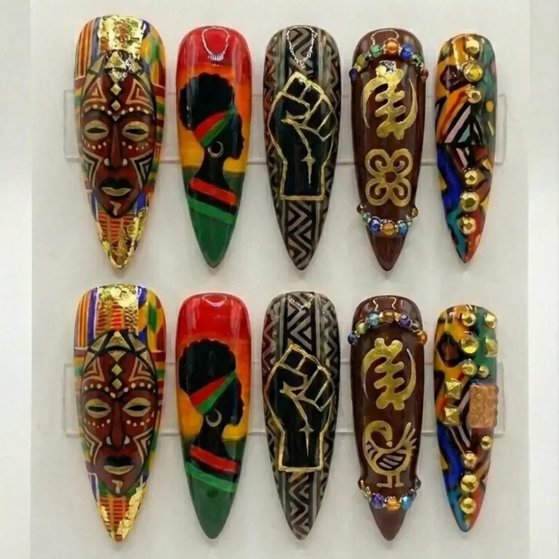 Luxury press on nails, Black History Month, press on nails, custom press on nails, fake nails, Nails Art, stained glass nails, gold press on nails, 3d press on nails, luxury press on nails, handmade press on nails
