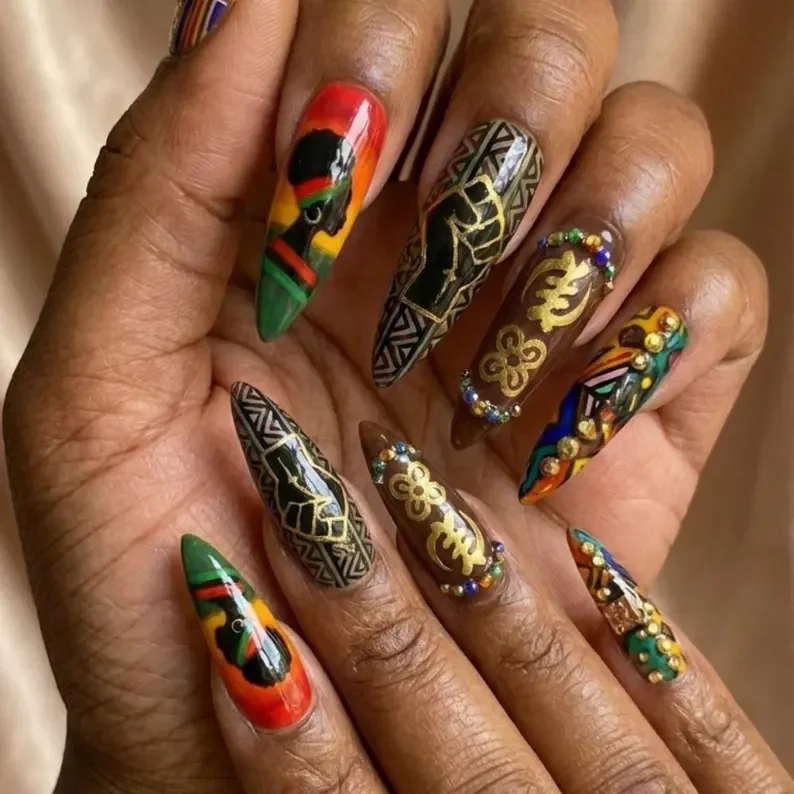 3D Adinkra nails, Black pride nails, press on nails, custom press on nails, fake nails, Nails Art, stained glass nails, gold press on nails, 3d press on nails, luxury press on nails, handmade press on nails