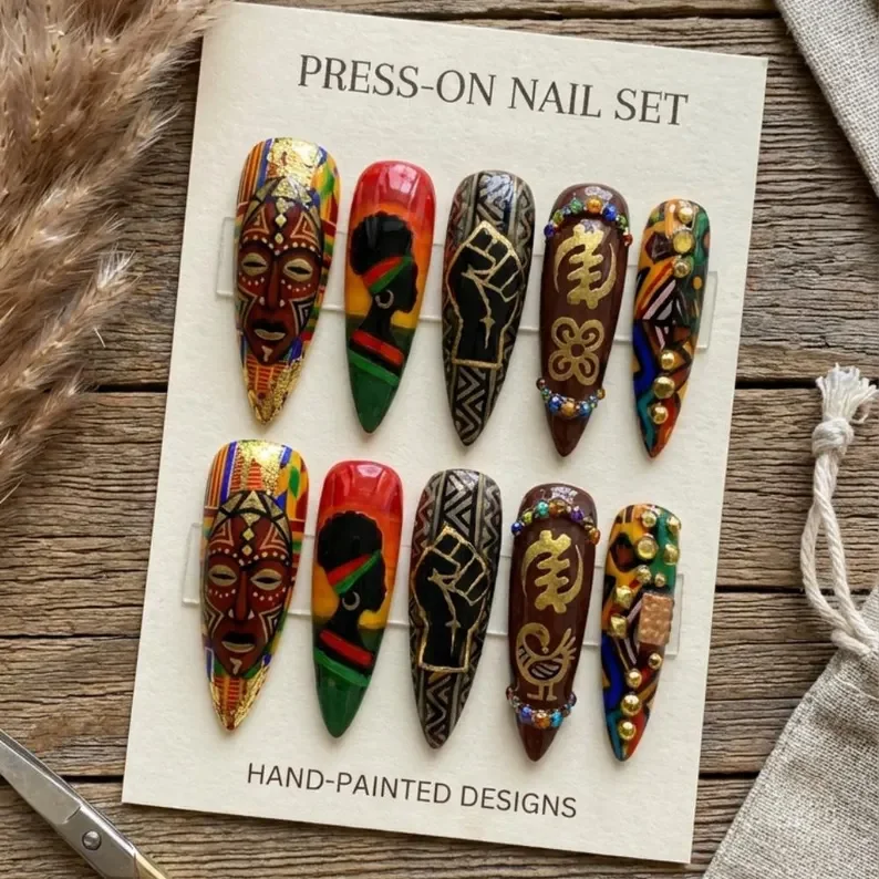 Adinkra design, Pride themed nails, press on nails, custom press on nails, fake nails, Nails Art, stained glass nails, gold press on nails, 3d press on nails, luxury press on nails, handmade press on nails