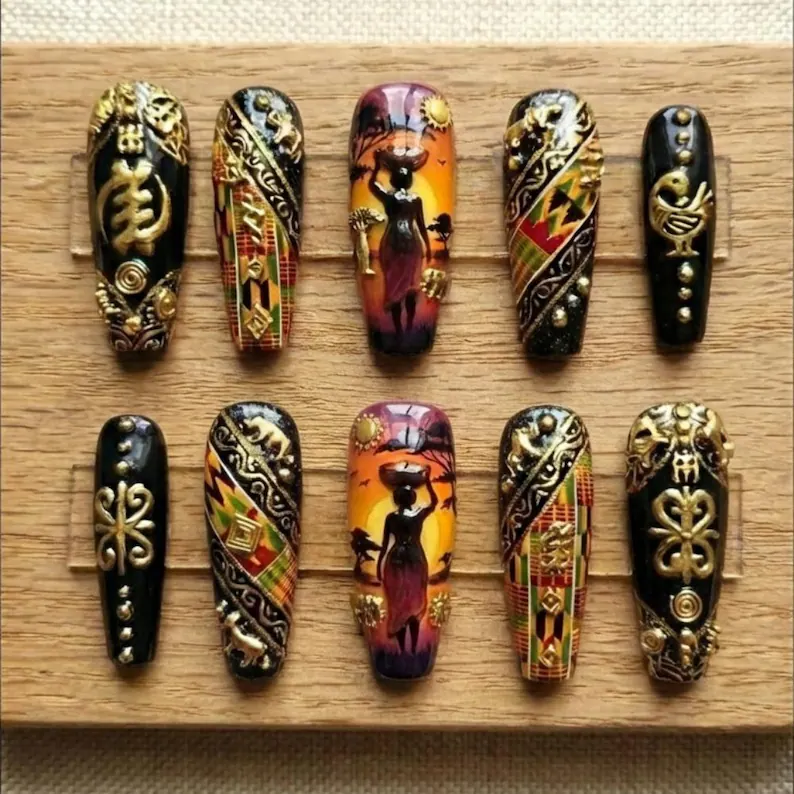 Hand-painted nails, African sunset nails, press on nails, custom press on nails, fake nails, Nails Art, stained glass nails, gold press on nails, 3d press on nails, luxury press on nails, handmade press on nails