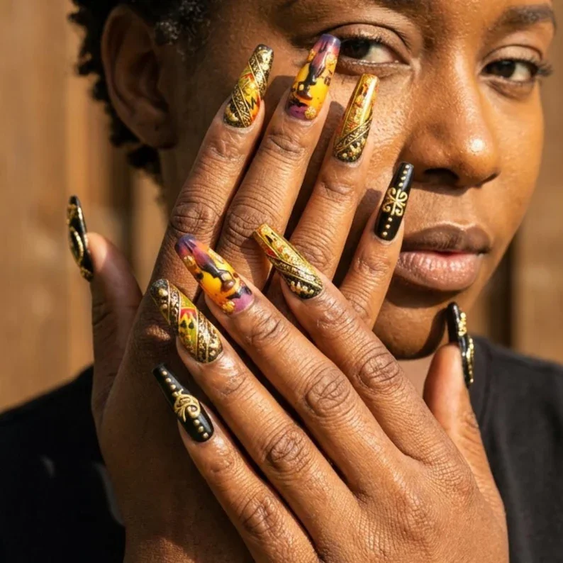 Hand-painted nails, African sunset nails, press on nails, custom press on nails, fake nails, Nails Art, stained glass nails, gold press on nails, 3d press on nails, luxury press on nails, handmade press on nails