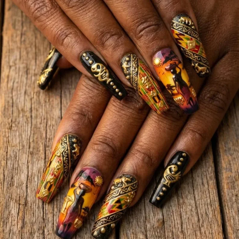 Kente art nails, Kente pattern nails, press on nails, custom press on nails, fake nails, Nails Art, stained glass nails, gold press on nails, 3d press on nails, luxury press on nails, handmade press on nails