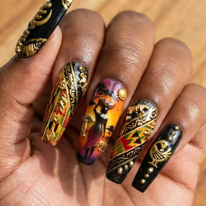 Black themed nails, Press on nail set, press on nails, custom press on nails, fake nails, Nails Art, stained glass nails, gold press on nails, 3d press on nails, luxury press on nails, handmade press on nails