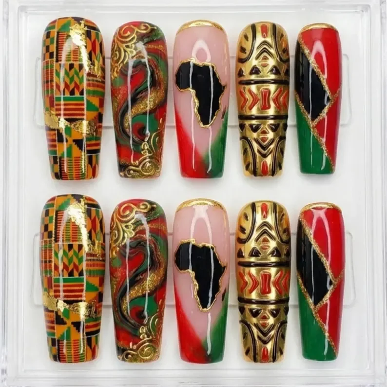 Black History Month, Press On Nails, press on nails, custom press on nails, fake nails, Nails Art, stained glass nails, gold press on nails, 3d press on nails, luxury press on nails, handmade press on nails