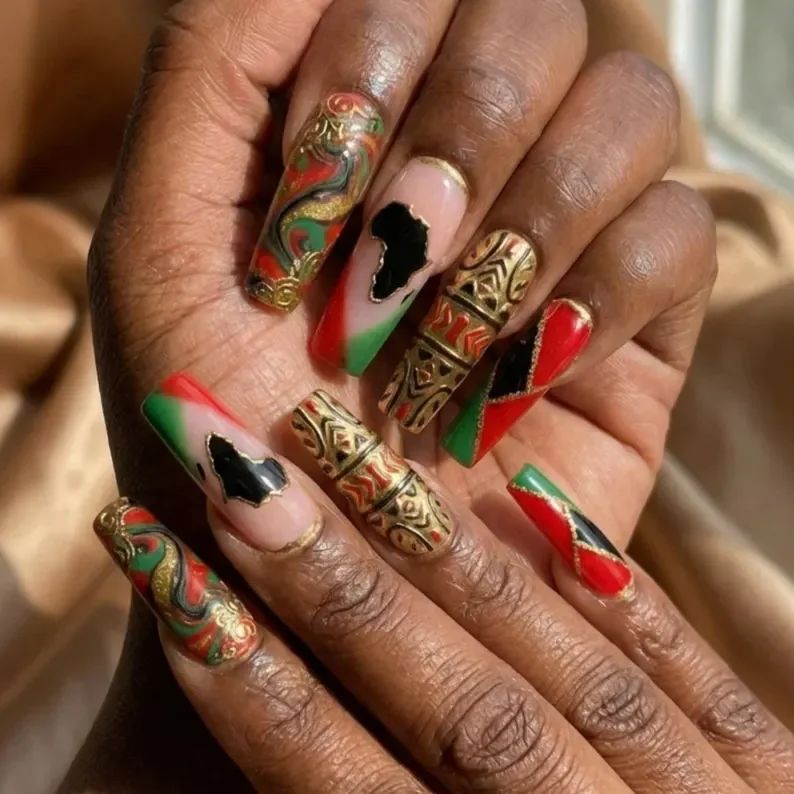 Luxury Nails, Pan-African Kente, press on nails, custom press on nails, fake nails, Nails Art, stained glass nails, gold press on nails, 3d press on nails, luxury press on nails, handmade press on nails