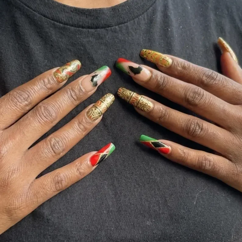 Kente Cloth Nails, Tribal Design, press on nails, custom press on nails, fake nails, Nails Art, stained glass nails, gold press on nails, 3d press on nails, luxury press on nails, handmade press on nails