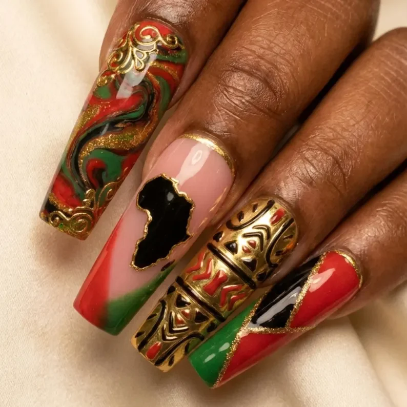 Black Culture Nails, Faux Press Ons, press on nails, custom press on nails, fake nails, Nails Art, stained glass nails, gold press on nails, 3d press on nails, luxury press on nails, handmade press on nails