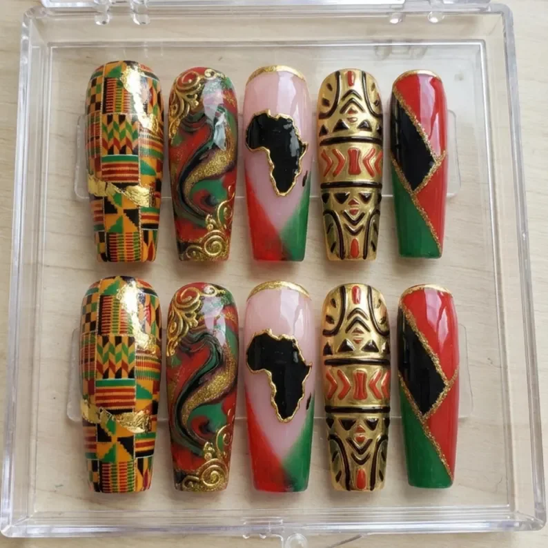 Black History Month, Press On Nails, press on nails, custom press on nails, fake nails, Nails Art, stained glass nails, gold press on nails, 3d press on nails, luxury press on nails, handmade press on nails