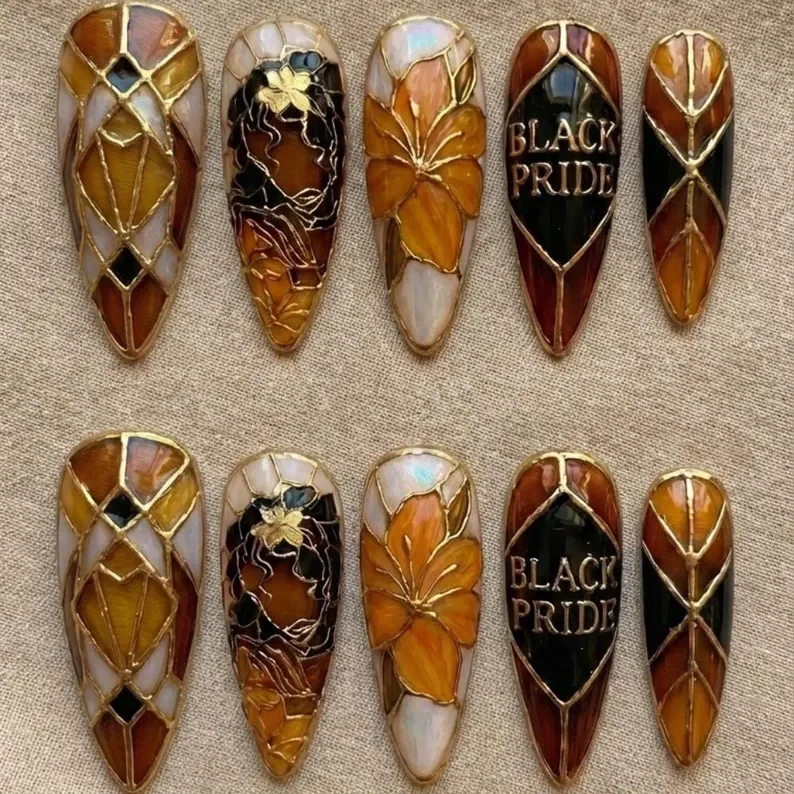Luxury Black Pride, Stained Glass Nails, press on nails, custom press on nails, fake nails, Nails Art, stained glass nails, gold press on nails, 3d press on nails, luxury press on nails, handmade press on nails