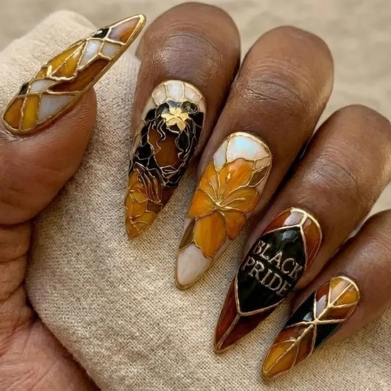Melanin Queen, BHM Gift, press on nails, custom press on nails, fake nails, Nails Art, stained glass nails, gold press on nails, 3d press on nails, luxury press on nails, handmade press on nails