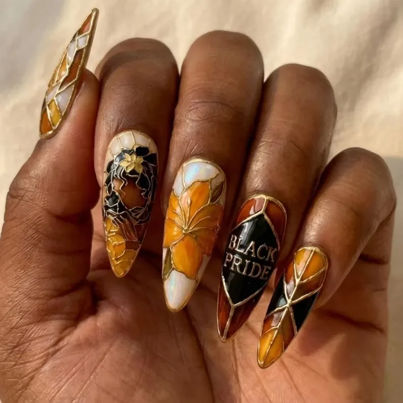 Pride Nail Art, Black Pride Nails, press on nails, custom press on nails, fake nails, Nails Art, stained glass nails, gold press on nails, 3d press on nails, luxury press on nails, handmade press on nails