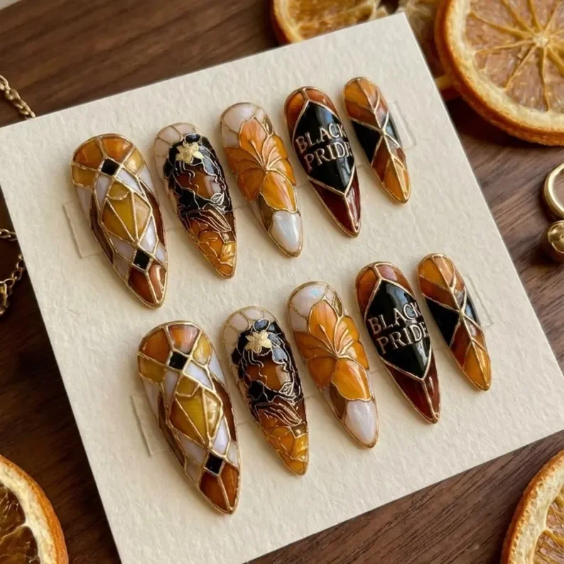 Luxury Black Pride, Stained Glass Nails, press on nails, custom press on nails, fake nails, Nails Art, stained glass nails, gold press on nails, 3d press on nails, luxury press on nails, handmade press on nails
