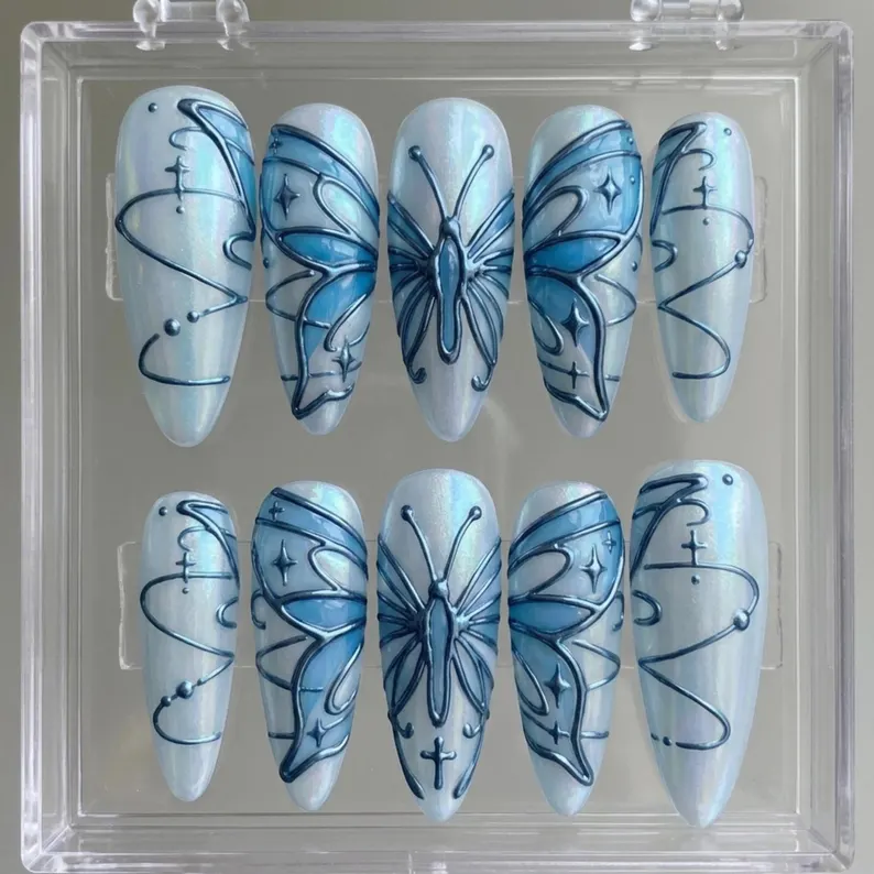 3D press on nails, iridescent celestial, press on nails, custom press on nails, fake nails, Nails Art, stained glass nails, gold press on nails, 3d press on nails, luxury press on nails, handmade press on nails