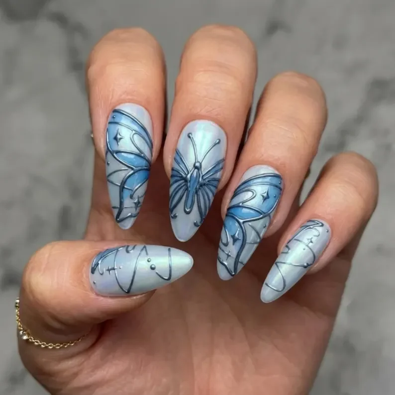 iridescent celestial, icy blue chrome, press on nails, custom press on nails, fake nails, Nails Art, stained glass nails, gold press on nails, 3d press on nails, luxury press on nails, handmade press on nails