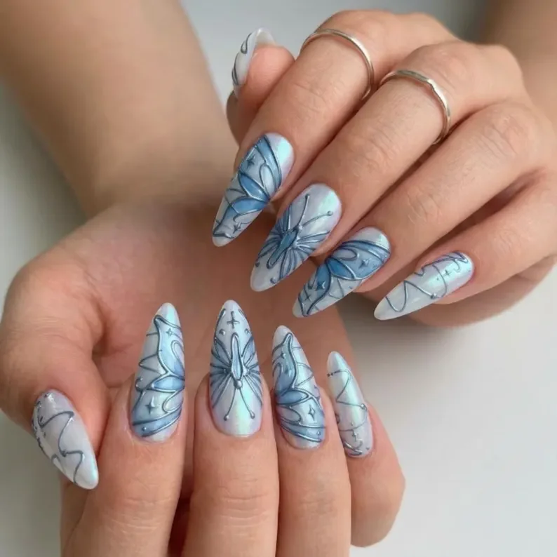 butterfly wing nail, chrome wing nails, press on nails, custom press on nails, fake nails, Nails Art, stained glass nails, gold press on nails, 3d press on nails, luxury press on nails, handmade press on nails