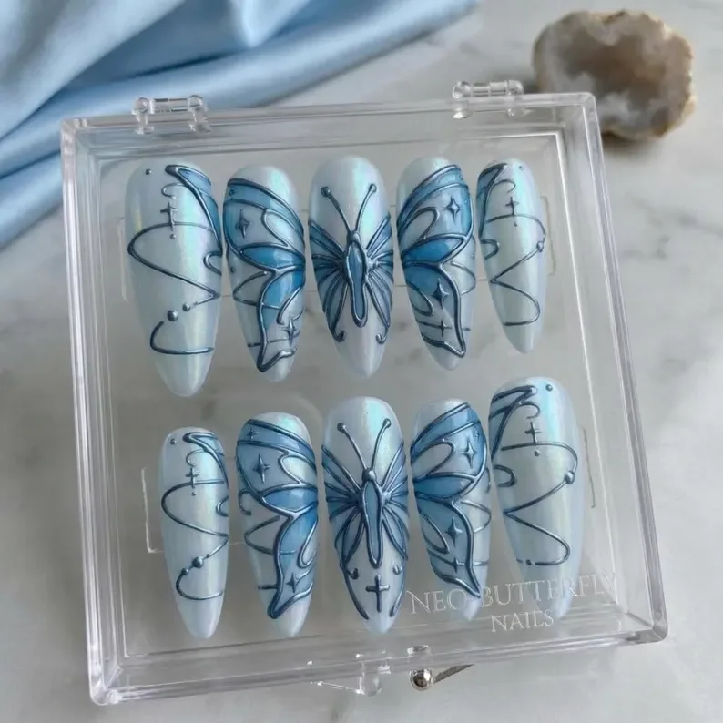 luxury nail design, luxury blue butterfly, press on nails, custom press on nails, fake nails, Nails Art, stained glass nails, gold press on nails, 3d press on nails, luxury press on nails, handmade press on nails