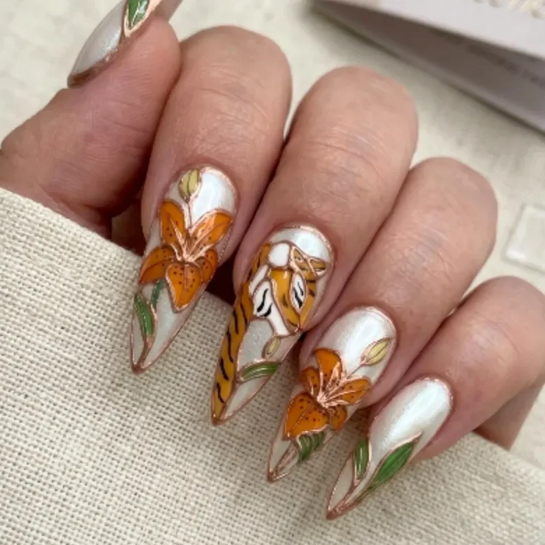 luxury botanical, stained glass nails, press on nails, custom press on nails, fake nails, Nails Art, gold press on nails, 3d press on nails, luxury press on nails, handmade press on nails