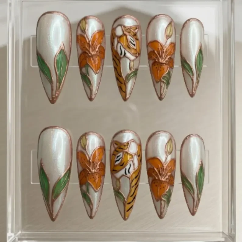 luxury botanical, stained glass nails, press on nails, custom press on nails, fake nails, Nails Art, gold press on nails, 3d press on nails, luxury press on nails, handmade press on nails
