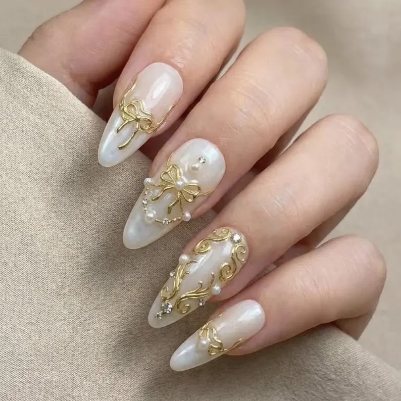 bridal nail set, chrome wedding nails, press on nails, custom press on nails, fake nails, Nails Art, stained glass nails, gold press on nails, 3d press on nails, luxury press on nails, handmade press on nails