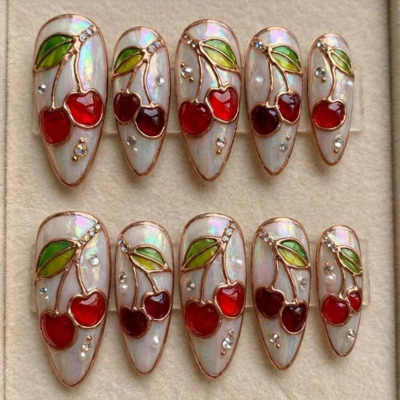 luxury cherrycore, stained glass nails, press on nails, custom press on nails, fake nails, Nails Art, gold press on nails, 3d press on nails, luxury press on nails, handmade press on nails