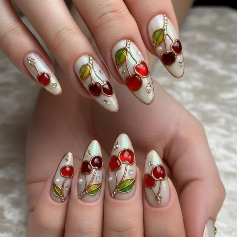 pearl fruit nails, nail art design, press on nails, custom press on nails, fake nails, Nails Art, stained glass nails, gold press on nails, 3d press on nails, luxury press on nails, handmade press on nails
