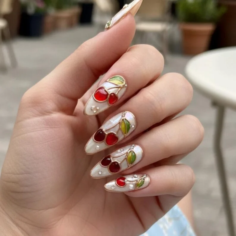 iridescent pearl, cherrycore nails, press on nails, custom press on nails, fake nails, Nails Art, stained glass nails, gold press on nails, 3d press on nails, luxury press on nails, handmade press on nails