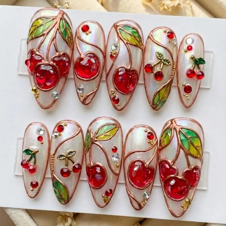 stained glass nails, luxury cherrycore nails, press on nails, custom press on nails, fake nails, Nails Art, gold press on nails, 3d press on nails, luxury press on nails, handmade press on nails
