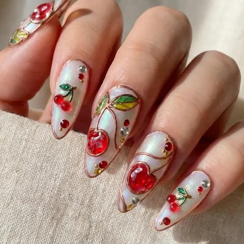 3D rose gold nails, cherry fruit nail art, press on nails, custom press on nails, fake nails, Nails Art, stained glass nails, gold press on nails, 3d press on nails, luxury press on nails, handmade press on nails