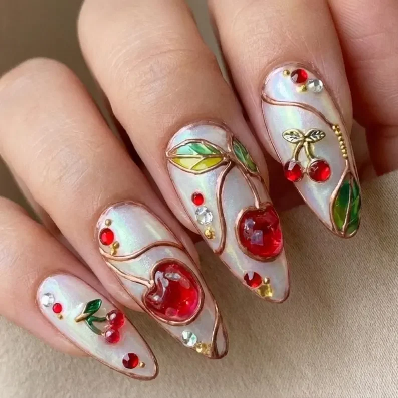 press on nail set, cherrycore nail design, press on nails, custom press on nails, fake nails, Nails Art, stained glass nails, gold press on nails, 3d press on nails, luxury press on nails, handmade press on nails