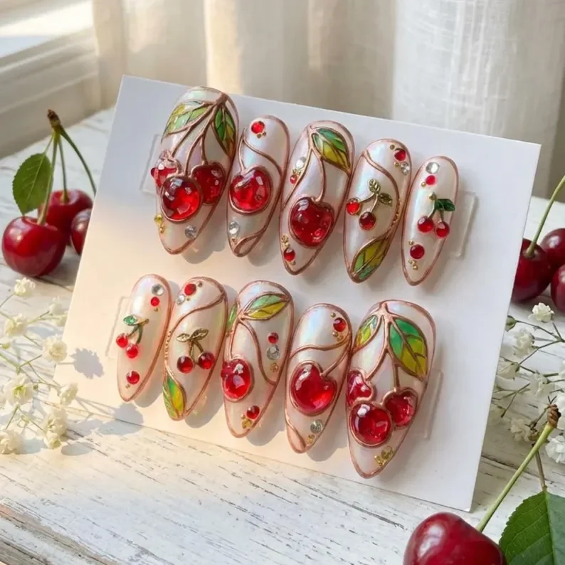 rose gold cherry nails, 3D nail art, press on nails, custom press on nails, fake nails, Nails Art, stained glass nails, gold press on nails, 3d press on nails, luxury press on nails, handmade press on nails