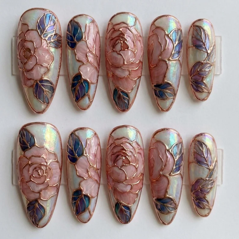 luxury cloisonné nails, rose garden nails, press on nails, custom press on nails, fake nails, Nails Art, stained glass nails, gold press on nails, 3d press on nails, luxury press on nails, handmade press on nails