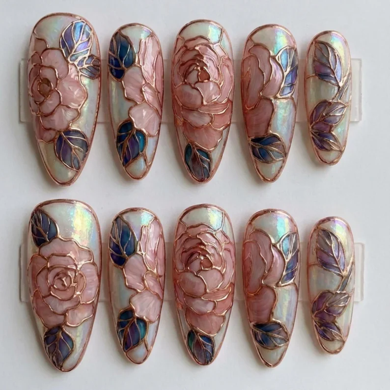 luxury cloisonné nails, rose garden nails, press on nails, custom press on nails, fake nails, Nails Art, stained glass nails, gold press on nails, 3d press on nails, luxury press on nails, handmade press on nails