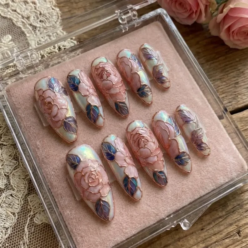 cloisonné nail art, rose garden design, press on nails, custom press on nails, fake nails, Nails Art, stained glass nails, gold press on nails, 3d press on nails, luxury press on nails, handmade press on nails