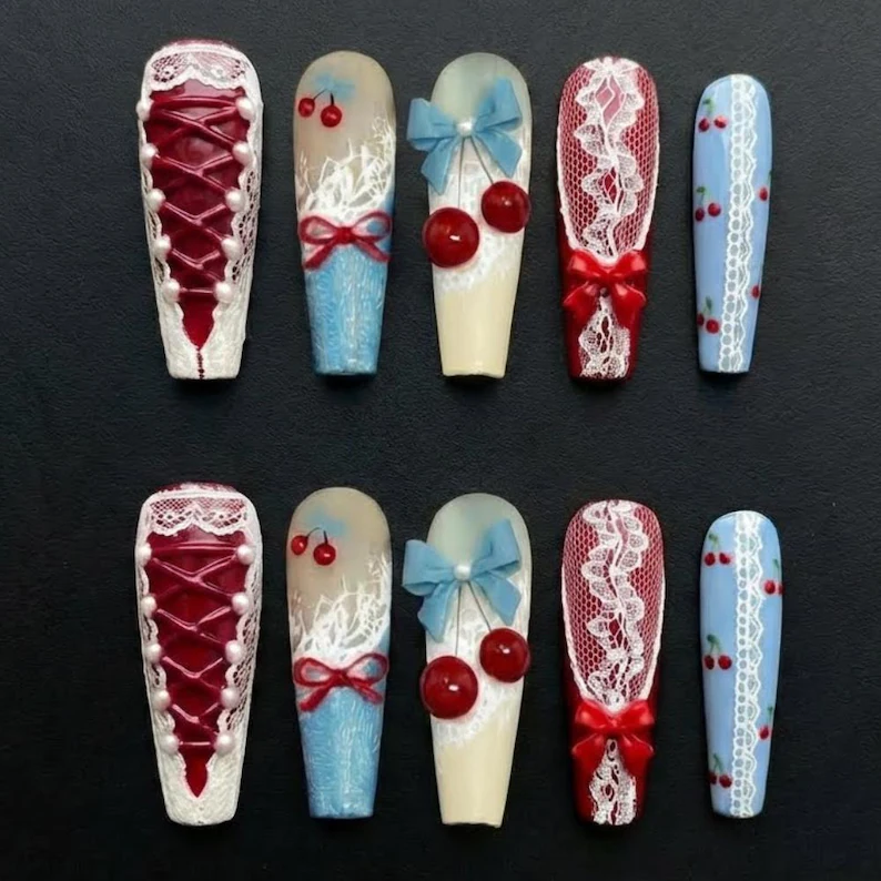 luxury coquette nails, cherry press on, press on nails, custom press on nails, fake nails, Nails Art, stained glass nails, gold press on nails, 3d press on nails, luxury press on nails, handmade press on nails