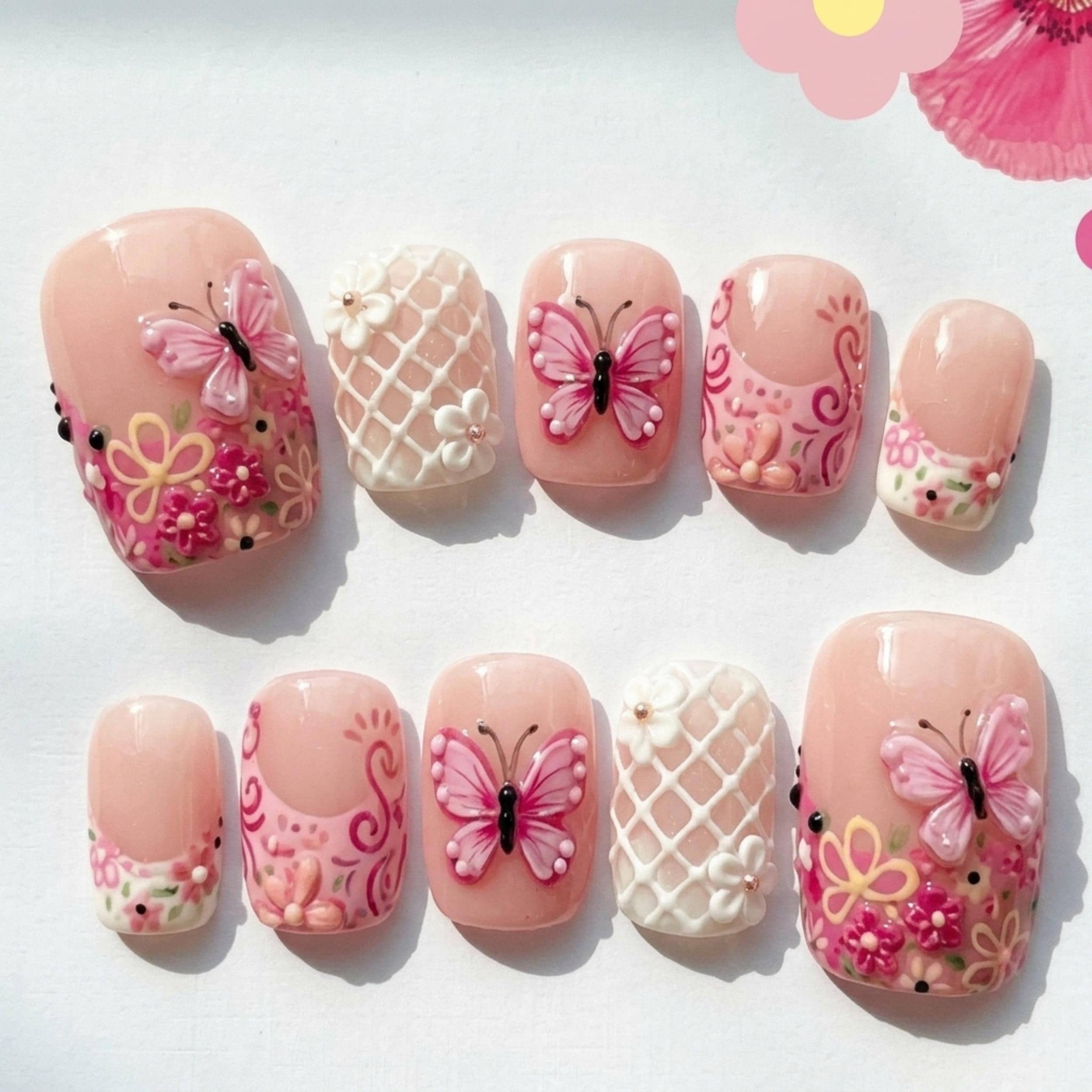 kawaii pink floral, lace pedicure, press on nails, custom press on nails, fake nails, Nails Art, stained glass nails, gold press on nails, 3d press on nails, luxury press on nails, handmade press on nails