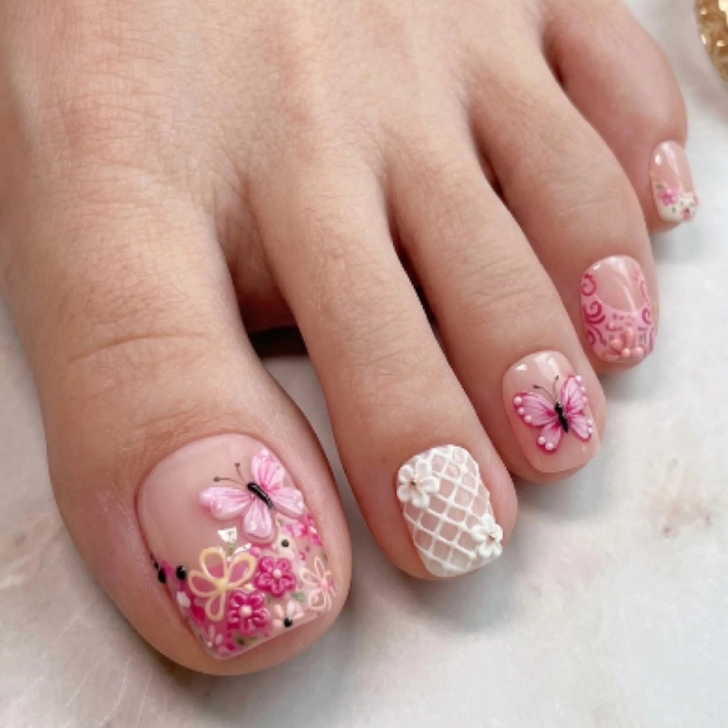 kawaii pink floral, lace pedicure, press on nails, custom press on nails, fake nails, Nails Art, stained glass nails, gold press on nails, 3d press on nails, luxury press on nails, handmade press on nails