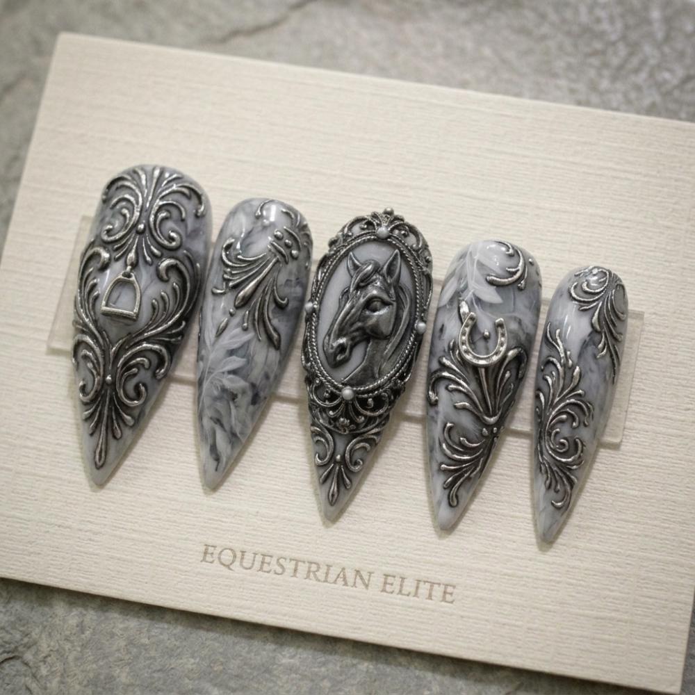 luxury equestrian nails, press on nails, custom press on nails, fake nails, Nails Art, stained glass nails, gold press on nails, 3d press on nails, luxury press on nails, handmade press on nails