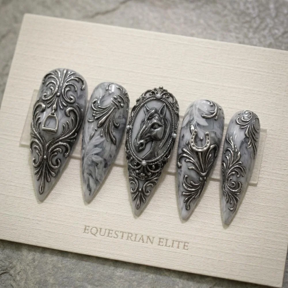luxury equestrian nails, press on nails, custom press on nails, fake nails, Nails Art, stained glass nails, gold press on nails, 3d press on nails, luxury press on nails, handmade press on nails