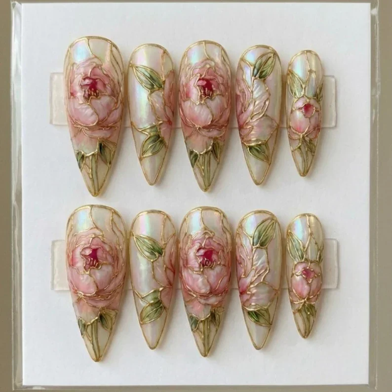 luxury press on nails, ethereal peony nails, press on nails, custom press on nails, fake nails, Nails Art, stained glass nails, gold press on nails, 3d press on nails, handmade press on nails