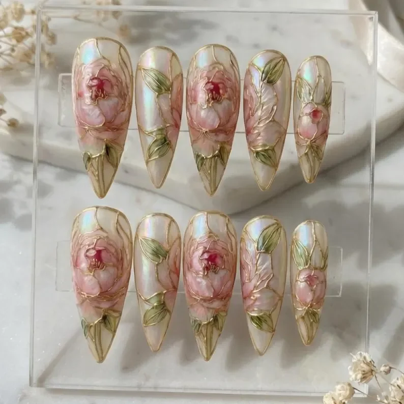 press on nail set, peony nail design, press on nails, custom press on nails, fake nails, Nails Art, stained glass nails, gold press on nails, 3d press on nails, luxury press on nails, handmade press on nails