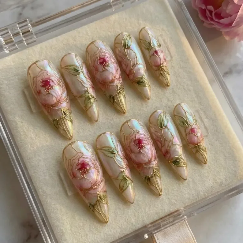 luxury press on nails, ethereal peony nails, press on nails, custom press on nails, fake nails, Nails Art, stained glass nails, gold press on nails, 3d press on nails, handmade press on nails