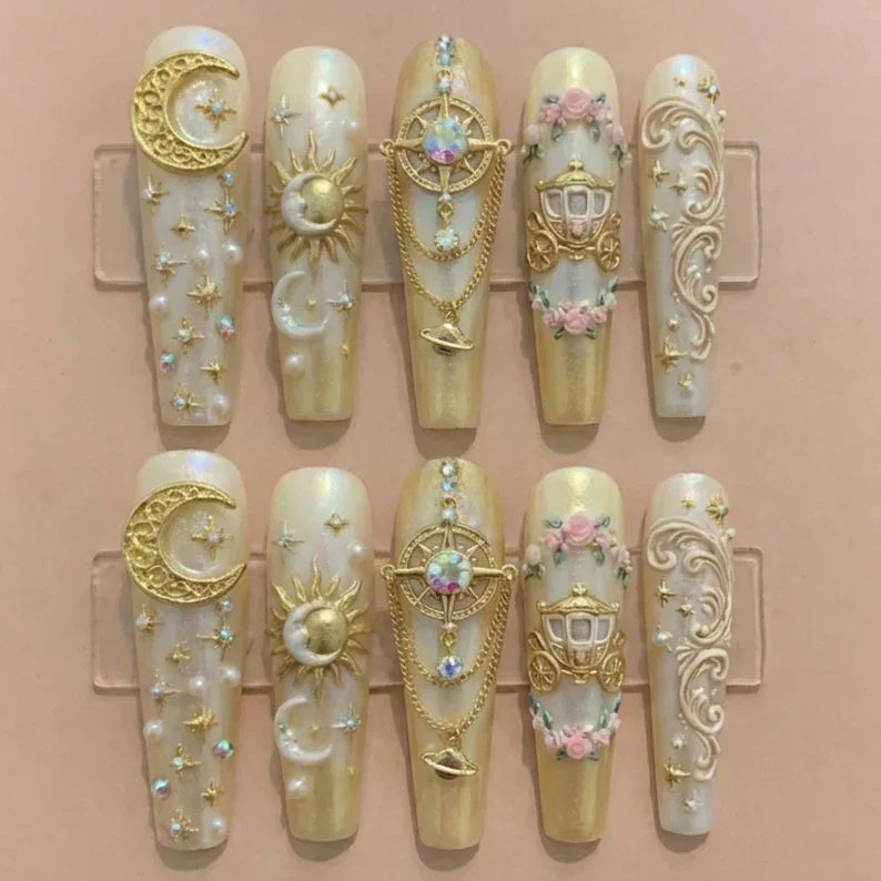 luxury gold press on nails, celestial dreams nails, press on nails, custom press on nails, fake nails, Nails Art, stained glass nails, gold press on nails, 3d press on nails, luxury press on nails, handmade press on nails