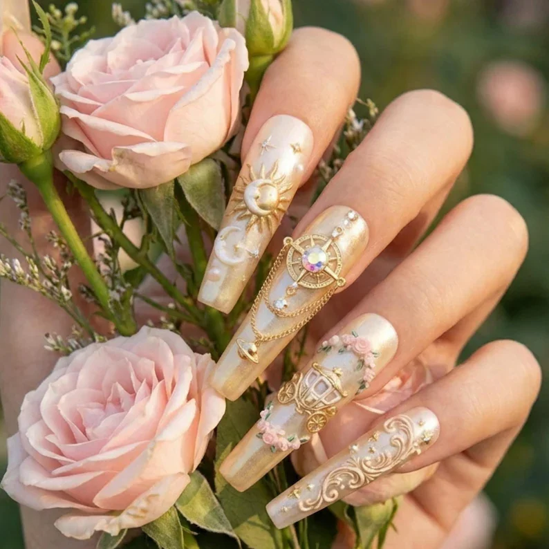 sun moon nail art, luxury gold nails, press on nails, custom press on nails, fake nails, Nails Art, stained glass nails, gold press on nails, 3d press on nails, luxury press on nails, handmade press on nails