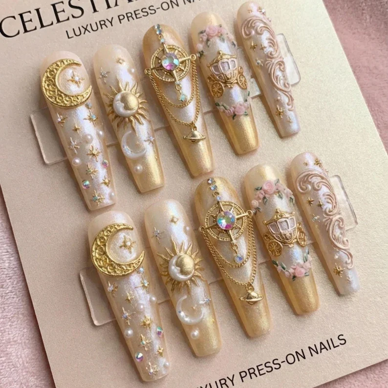 luxury gold press on nails, celestial dreams nails, press on nails, custom press on nails, fake nails, Nails Art, stained glass nails, gold press on nails, 3d press on nails, luxury press on nails, handmade press on nails
